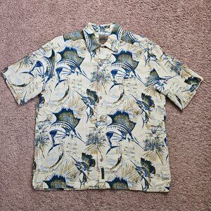 Flyshacker Hawaiian Shirt Mens XL Sailfish Fish Print Button Up Aloha Camp